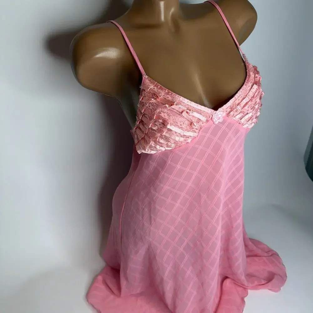 Vintage 80s Lingerie Slip Dress Womens S Pink Sheer Lace Satin Coquette Fairy